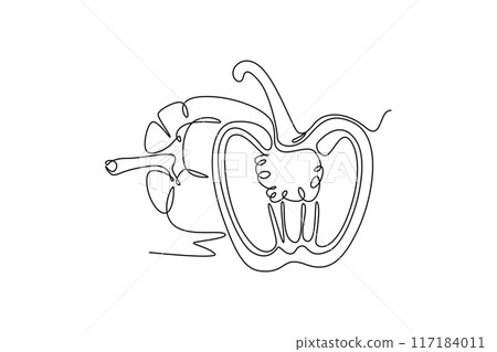 Single continuous line drawing whole and sliced healthy organic paprika for plantation logo identity. Fresh bell pepper concept fruit vegetable icon. One line draw graphic design vector illustration Single continuous line drawing whole and sliced healthy organic paprika for plantation logo identity. Fresh bell pepper concept fruit vegetable icon. One line draw graphic design vector illustration 117184011