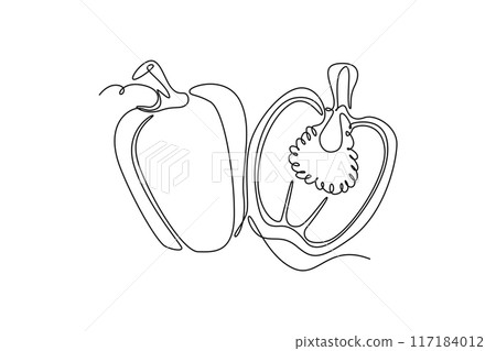 Continuous one line drawing of whole and half sliced healthy organic bell pepper for farm logo identity. Fresh paprika concept for vegetable icon. Single line draw design vector graphic illustration 117184012