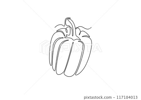 Single continuous line drawing whole healthy organic paprika for plantation logo identity. Fresh bell pepper concept for fruit vegetable icon. Dynamic one line draw graphic design vector illustration Single continuous line drawing whole healthy organic paprika for plantation logo identity. Fresh bell pepper concept for fruit vegetable icon. Dynamic one line draw graphic design vector illustration 117184013
