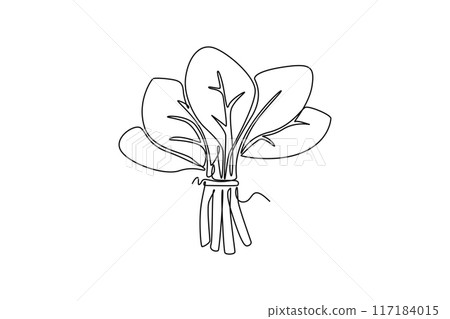 Single continuous line drawing whole healthy organic green spinach leaves for farm logo identity. Fresh leafy green flowering concept for plant icon. One line draw graphic design vector illustration Single continuous line drawing whole healthy organic green spinach leaves for farm logo identity. Fresh leafy green flowering concept for plant icon. One line draw graphic design vector illustration 117184015
