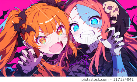 Girls in Halloween costumes Girls in Halloween costumes 117184041