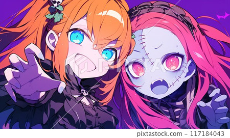 Girls in Halloween costumes 117184043