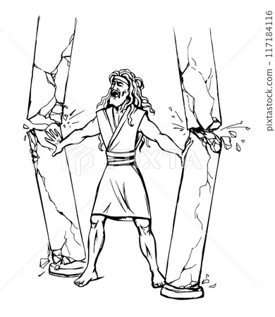 Vector drawing. Samson destroying temple Vector drawing. Samson destroying temple 117184116