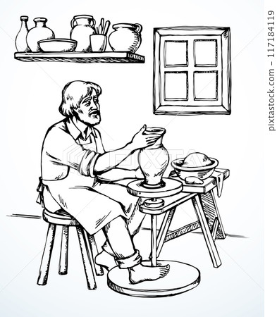 Vector drawing. Potter makes a jug 117184119