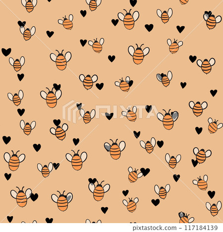 Seamless pattern with bees on color background. Small wasp. Vector illustration. Adorable cartoon character. Template design for invitation, cards, textile, fabric. Doodle style Seamless pattern with bees on color background. Small wasp. Vector illustration. Adorable cartoon character. Template design for invitation, cards, textile, fabric. Doodle style 117184139