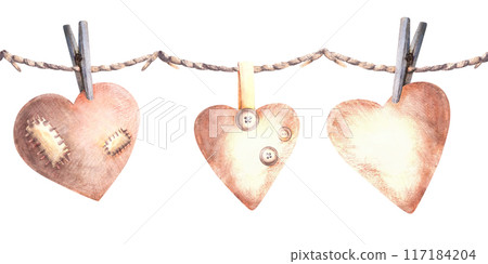 Watercolor Heart on clothespin hanging on a rope with patches and buttons. Seamless border, pattern. Valentines Day handmade Love decoration, gift wrapping. Hand drawn Illustration Isolated background 117184204