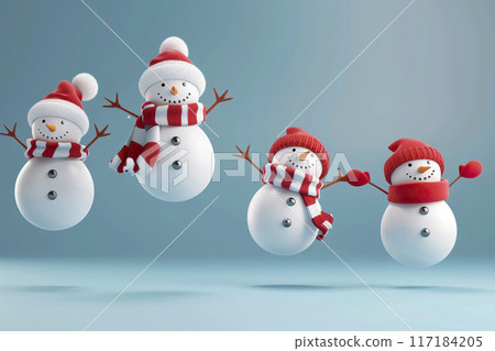 AI-generated item.3d snowmans with red hat and scarf on blue background. AI-generated item.3d snowmans with red hat and scarf on blue background. 117184205