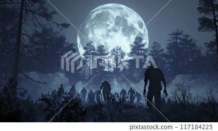 AI-generated item. Silhouette of zombies in the forest at night with full moon. 117184225