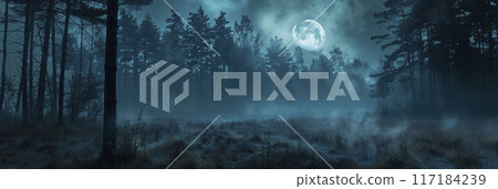 AI-generated item. Foggy forest at night with full moon. Halloween background. 117184239