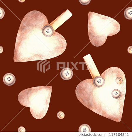 Watercolor Heart on a ribbon with buttons. Love, Valentines Day seamless pattern. Hand made, pastel coloured fabric, wallpaper, needlework, sewing. Hand drawn Illustration on isolated red background Watercolor Heart on a ribbon with buttons. Love, Valentines Day seamless pattern. Hand made, pastel coloured fabric, wallpaper, needlework, sewing. Hand drawn Illustration on isolated red background 117184241