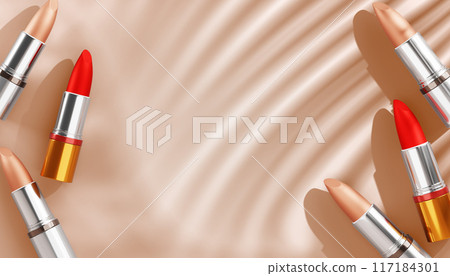 3d lipstick cosmetics makeup beauty product with palm leaf shadow on beige background. Fashion ad banner with red and nude pomade in gold, silver tubes. Promo poster for sale, offer. 3D illustration 117184301