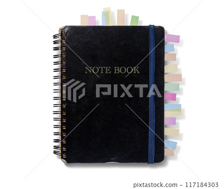 Notebook with lots of sticky notes Notebook with lots of sticky notes 117184303