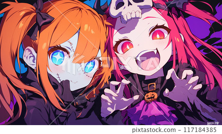 Girls in Halloween costumes 117184385
