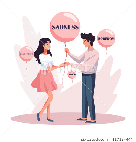 People with balloons with emotions written inside People with balloons with emotions written inside 117184444
