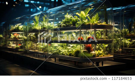 Green eco-friendly hydroponic farm for growing greens and plants in artificial conditions 117184653