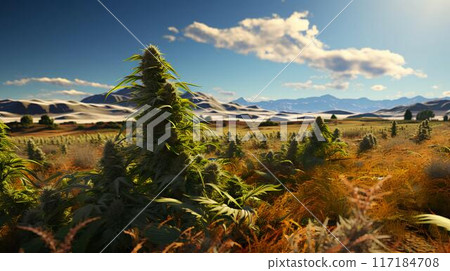 Green plants of natural cannabis bushes growing in nature 117184708