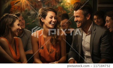 A man and a woman are sitting relaxing in a bar and laughing and smiling on a date A man and a woman are sitting relaxing in a bar and laughing and smiling on a date 117184732