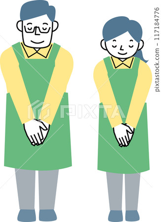 A man and woman wearing aprons bowing 117184776