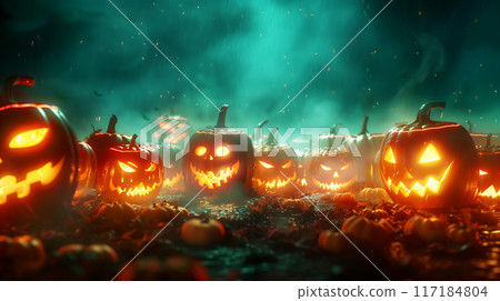Jack-o'-lantern glowing in the dark: Halloween background AI-generated image Jack-o'-lantern glowing in the dark: Halloween background AI-generated image 117184804
