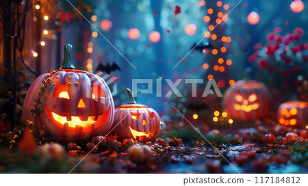 在黑暗中發光的南瓜燈：萬聖節背景 AI 生成圖像 117184812