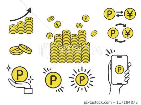 Illustration variations of point coins: increasing, cashing in, smartphones, etc. 117184878