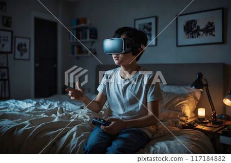 Boy wearing VR goggles AI-generated image Boy wearing VR goggles AI-generated image 117184882