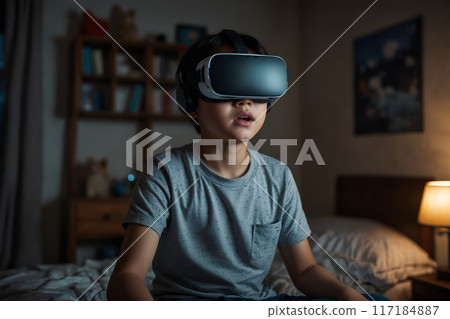 Boy wearing VR goggles AI-generated image 117184887