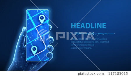 Phone with map and pins. Phone mobile app, gps tracker, geo location 117185015