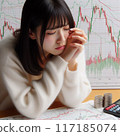 一位鬱悶的女人在股價波動中低著頭 117185074