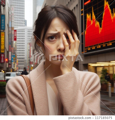 一位鬱悶的女人在股價波動中低著頭 一位鬱悶的女人在股價波動中低著頭 117185075