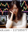 一位鬱悶的女人在股價波動中低著頭 117185077