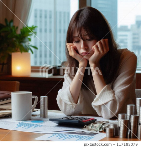 一位鬱悶的女人在股價波動中低著頭 一位鬱悶的女人在股價波動中低著頭 117185079