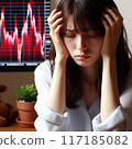 一位鬱悶的女人在股價波動中低著頭 117185082