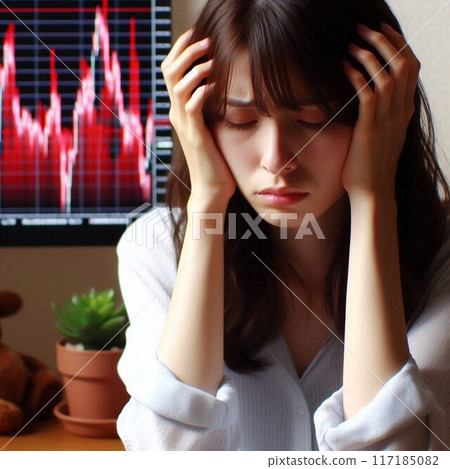 一位鬱悶的女人在股價波動中低著頭 一位鬱悶的女人在股價波動中低著頭 117185082