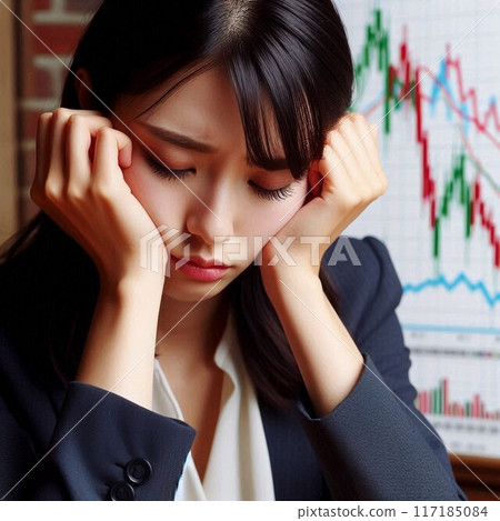 A woman is worried and depressed because of fluctuations in stock prices 117185084
