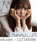 一位鬱悶的女人在股價波動中低著頭 117185086