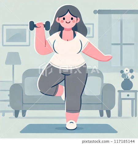 Woman exercising at home on a diet illustration Woman exercising at home on a diet illustration 117185144