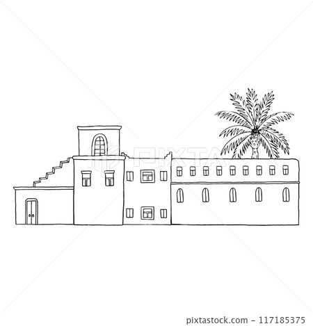 Traditional Arabic houses on middle east street with palm tree, Jerusalem cityscape black and white vector illustration. Islamic village scene. Ancient Rome stone architecture 117185375