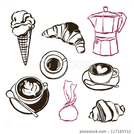 Vector food doddle set of coffee, croissant, coffee maker, cup and spoon. Hand-drawn Italy food elements isolated on white background. Illustration for design, print or background. Trendy collection. Vector food doddle set of coffee, croissant, coffee maker, cup and spoon. Hand-drawn Italy food elements isolated on white background. Illustration for design, print or background. Trendy collection. 117185532