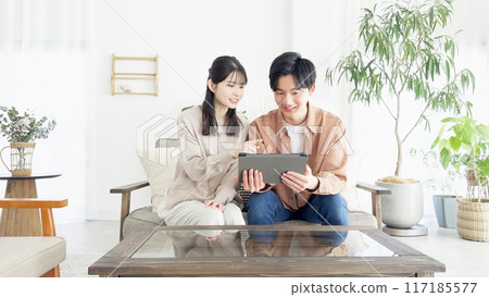 Couples browsing real estate and travel sites 117185577