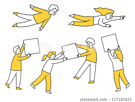 Set of people holding panels and flying 117185825