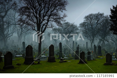 Haunted Cemetery Create a spooky graveyard with tombstones, mist, ghost specter and lurking spirits, blood moon background Haunted Cemetery Create a spooky graveyard with tombstones, mist, ghost specter and lurking spirits, blood moon background 117185991