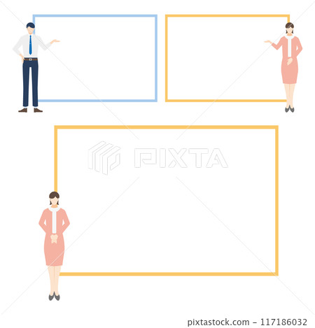 Text frame set of male and female office workers explaining important content Text frame set of male and female office workers explaining important content 117186032