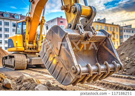 Bucket of an excavator, bulldozer on a construction site 117186251