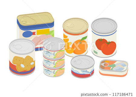 Illustration of various canned foods 117186471