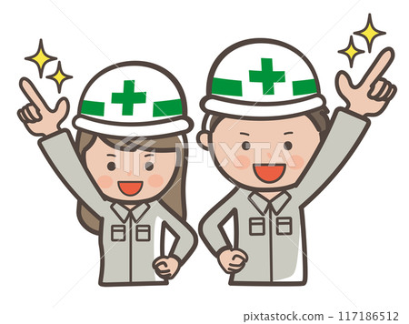 Illustration of male and female construction workers pointing at the sky and holding hope for tomorrow 117186512