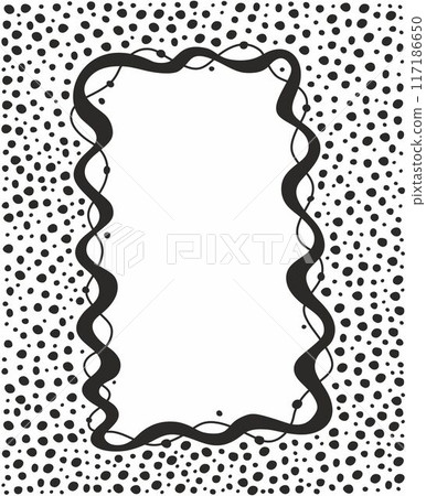Two wavy lines forming a rectangle frame. Decorative and snake-like rectangular border, made by two serpentine lines. A lot of black dots or circles around frame. Empty space. Two wavy lines forming a rectangle frame. Decorative and snake-like rectangular border, made by two serpentine lines. A lot of black dots or circles around frame. Empty space. 117186650