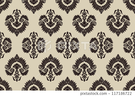 Ikat tribal Indian seamless pattern. Ethnic Aztec fabric carpet mandala ornament native boho chevron textile.Geometric African American oriental traditional vector illustrations. Embroidery style. 117186722