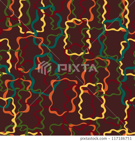 Seamless pattern with wavy rectangular shapes. Burgundy cartoon background. Yellow, green and orange colors. Seamless pattern with wavy rectangular shapes. Burgundy cartoon background. Yellow, green and orange colors. 117186751