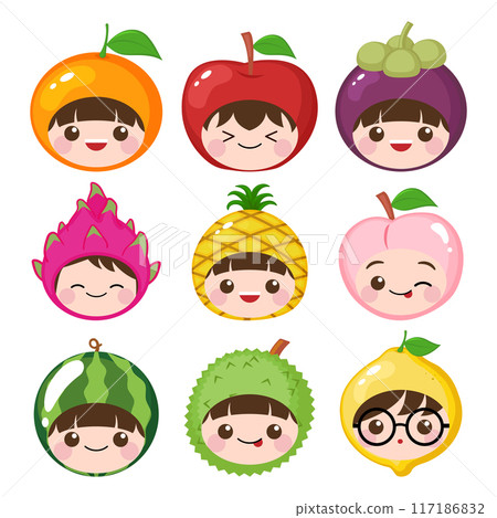 Set of fruits with cute children head cartoon style 117186832
